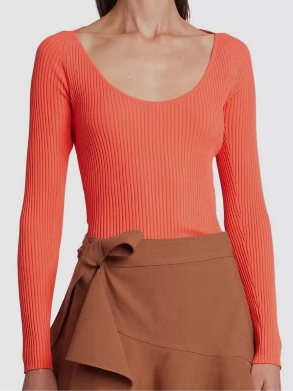 A.L.C. Brendan Scoop Neck Ribbed Long Sleeve Top in Coral Orange
